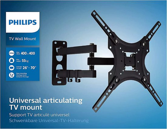 PHILIPS Support mural TV SQM9232/10 - TV de 26" à 70" - Max. 35 KG - TV LED, LCD, QLED, OLED, incurvées et plates - Gestion des câbles TV - Trous de fixation VESA - Noir