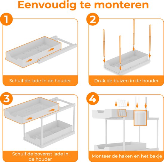 Posity Rangement pour évier - Rangement pour armoire de cuisine - Tiroir coulissant - Rangement pour armoire - Rangement pour salle de bain - Rangement pour comptoir - 2 tiroirs coulissants - Blanc