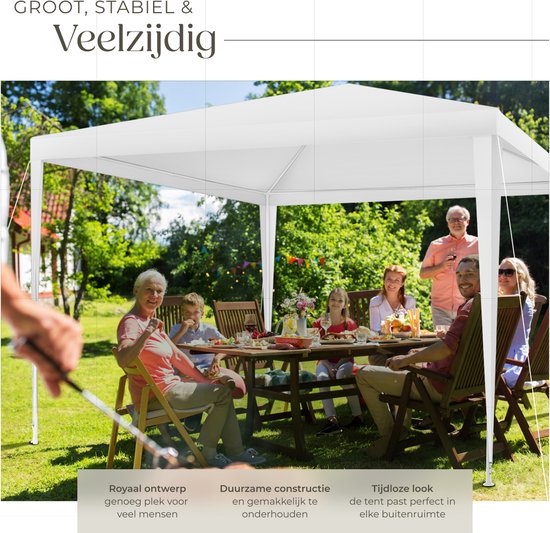 tectake® Pavillon - avec armature renforcée - Tente de réception 3x3 m - Bâche imperméable - Panneaux latéraux amovibles - Pavillon de jardin résistant aux intempéries - Lignes de tension et piquets inclus - Blanc - Tente pliante pop-up