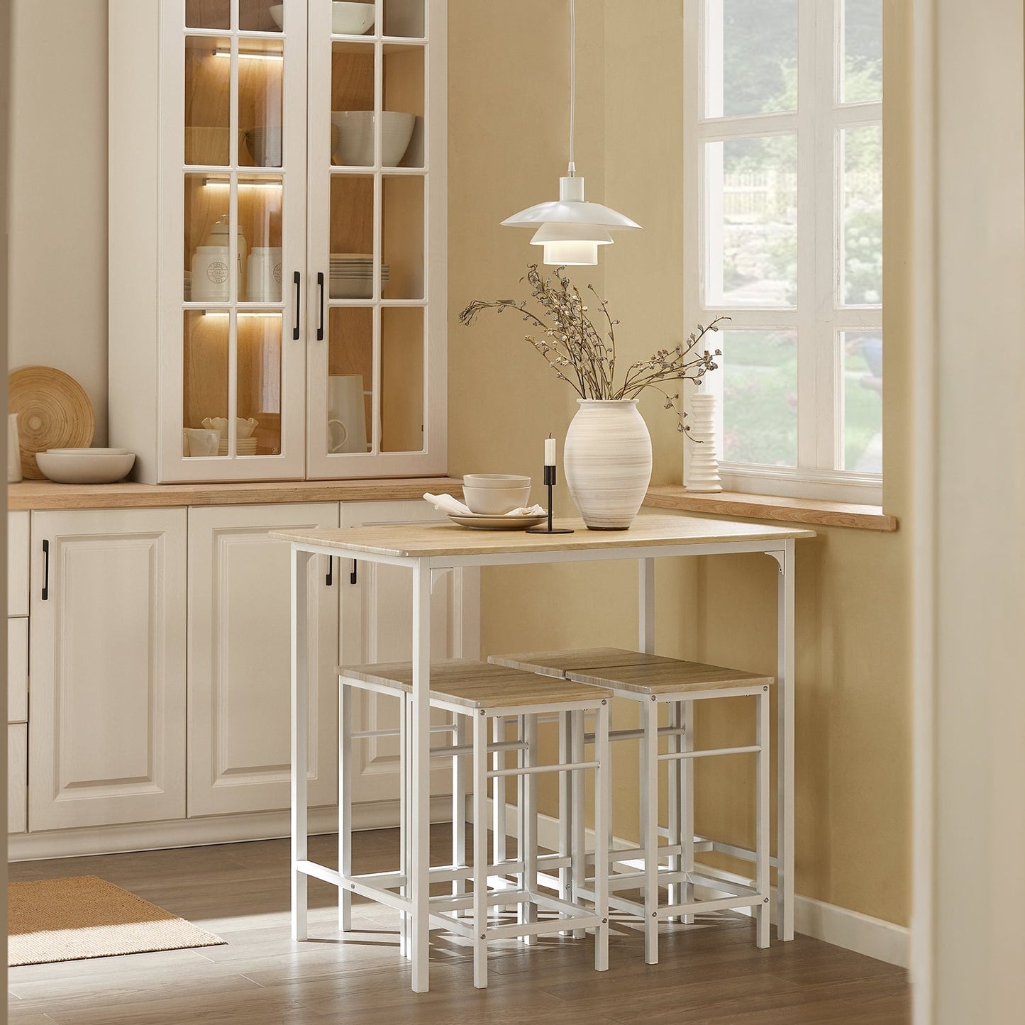 SoBuy Table de bar avec 4 tabourets - Moderne - max. 120 kg - Blanc / Marron