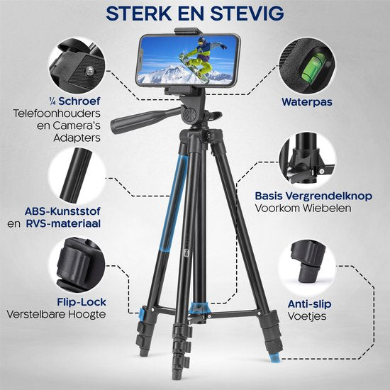 Studio ME Phone Tripod - 128 cm - Trépied Smartphone - Noir - Trépied pour appareil photo - Support pour téléphone - Télécommande Bluetooth incluse - Trépied Téléphone