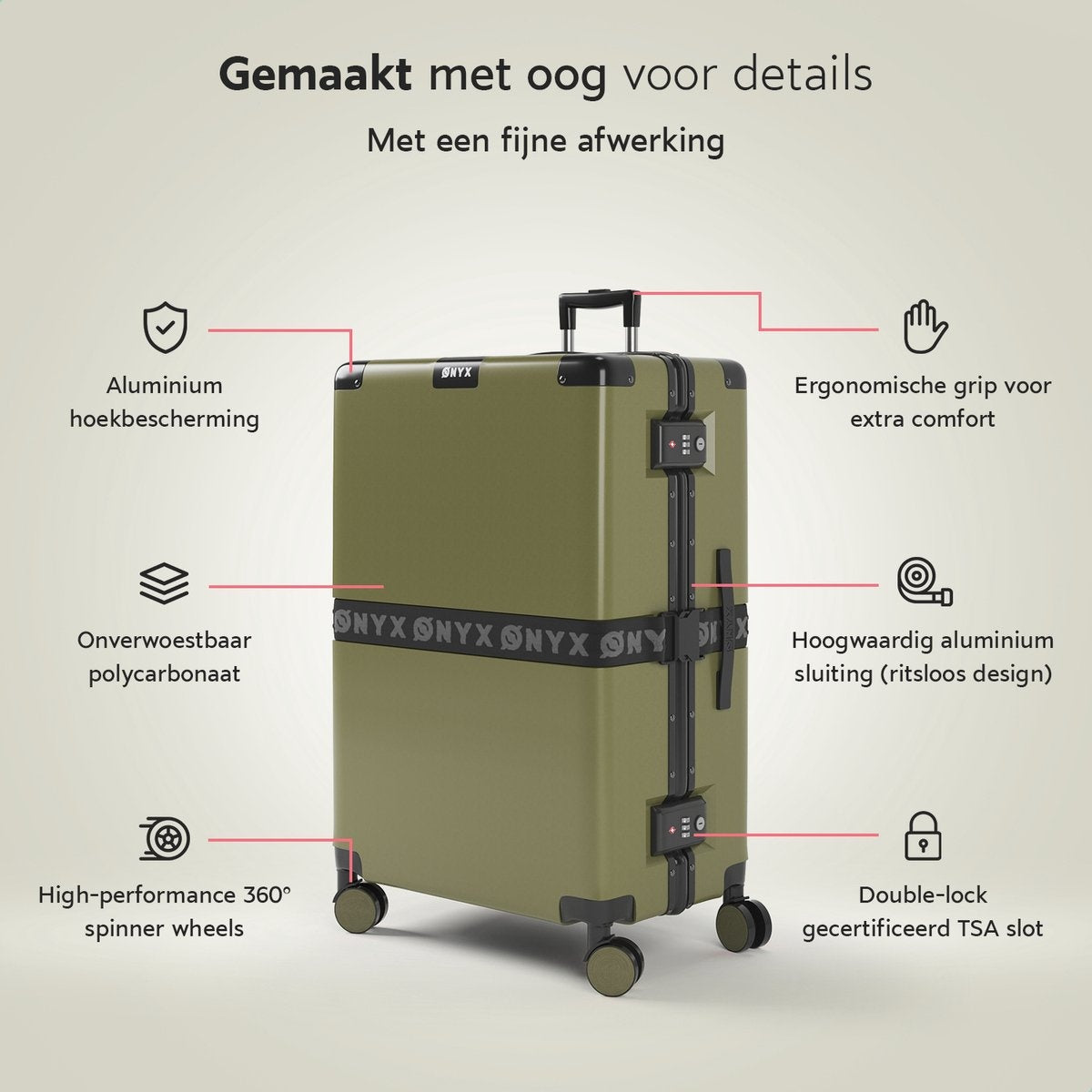 Valise bagage à main ONYX 100L - Ensemble de valises - léger - Serrure TSA - aluminium - Vert olive