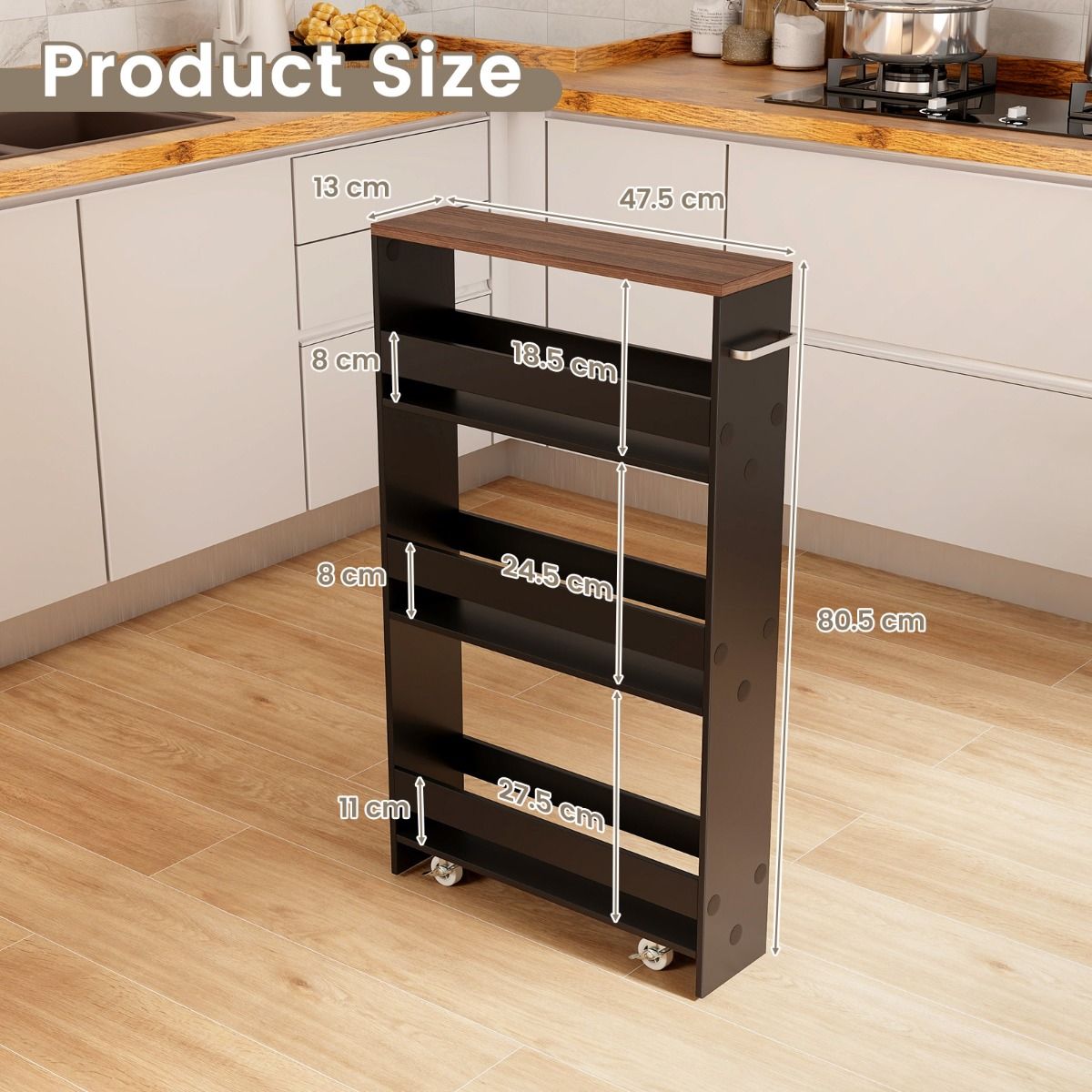 Coast Kitchen Trolley On Wheels - 4-Layer - 47.5 x 13 x 80.5 cm - Black/Nature