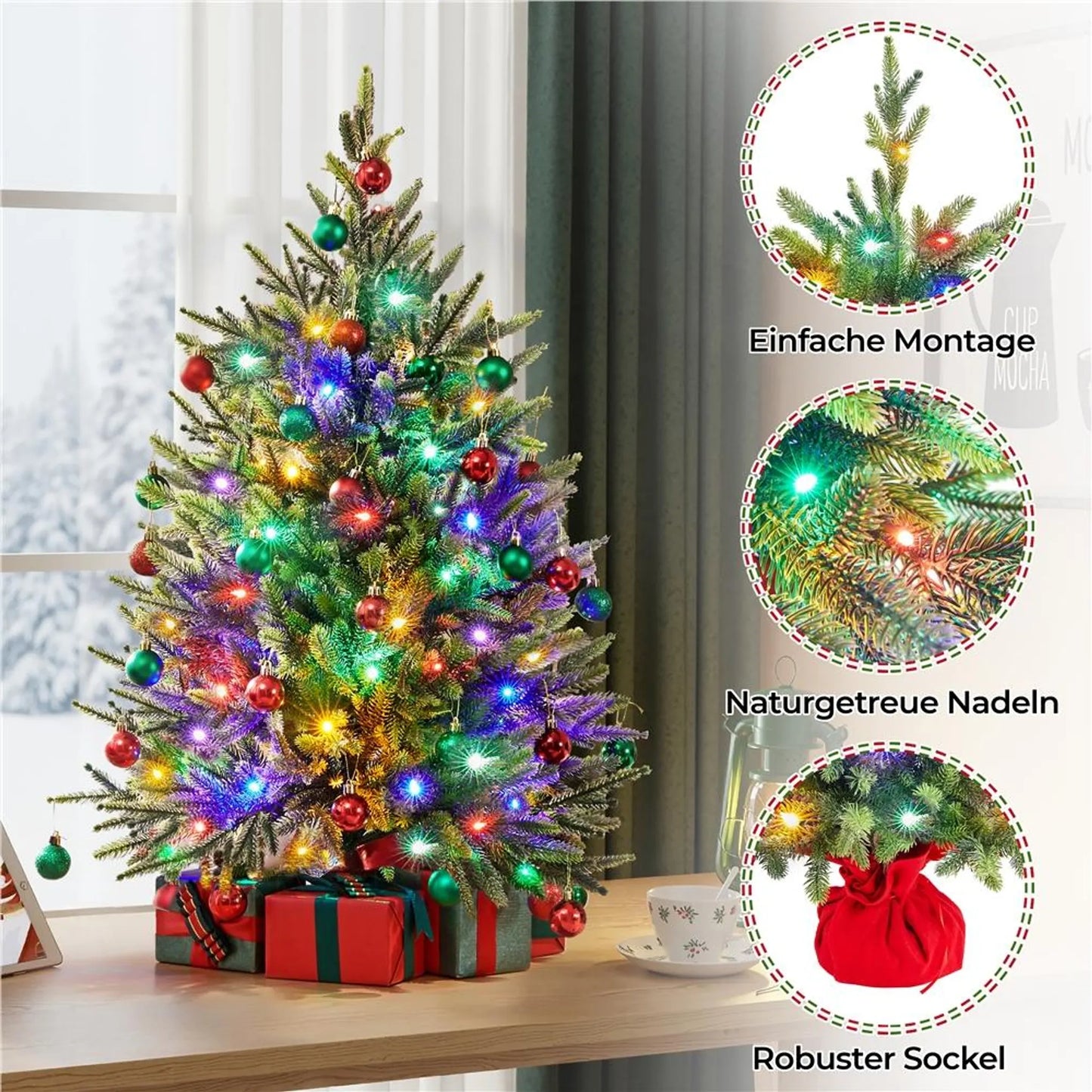 Yaheetech Arbre de Noël Artificiel avec 50 lumières Led colorées - 143 branches, 8 modes d'éclairage et socle en ciment - Pour rebord de fenêtre et table - PVC vert et béton - 58 x 58 x 91,5 cm
