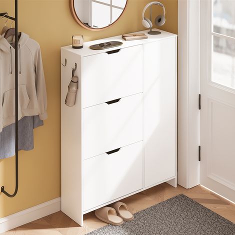 Armoire à chaussures SoBuy 84 x 24 x 121 cm - Blanche - 3 portes battantes - 3 tiroirs - Capacité : 12 paires de chaussures