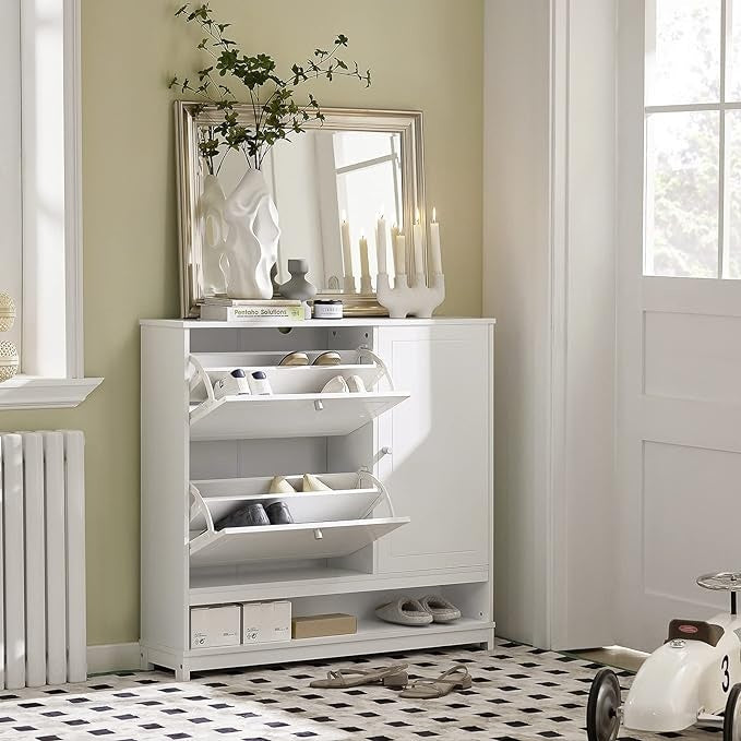 SoBuy FSR114-W Meuble à chaussures avec 2 abattants, 1 compartiment ouvert et 1 porte Meuble à chaussures étroit blanc BHT env. 102x96x24cm env.