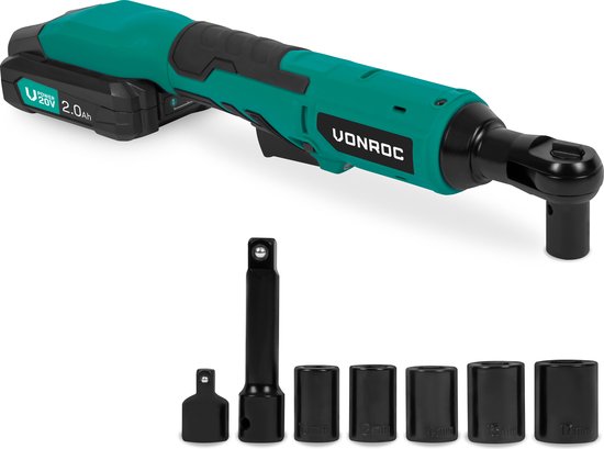 Clé à cliquet VONROC Accu - 20V - 50Nm - 3/8" - avec jeu de 8 douilles - batterie 2.0Ah et chargeur rapide inclus - également pour utilisation manuelle - idéal pour les boulons et écrous difficiles d'accès.
