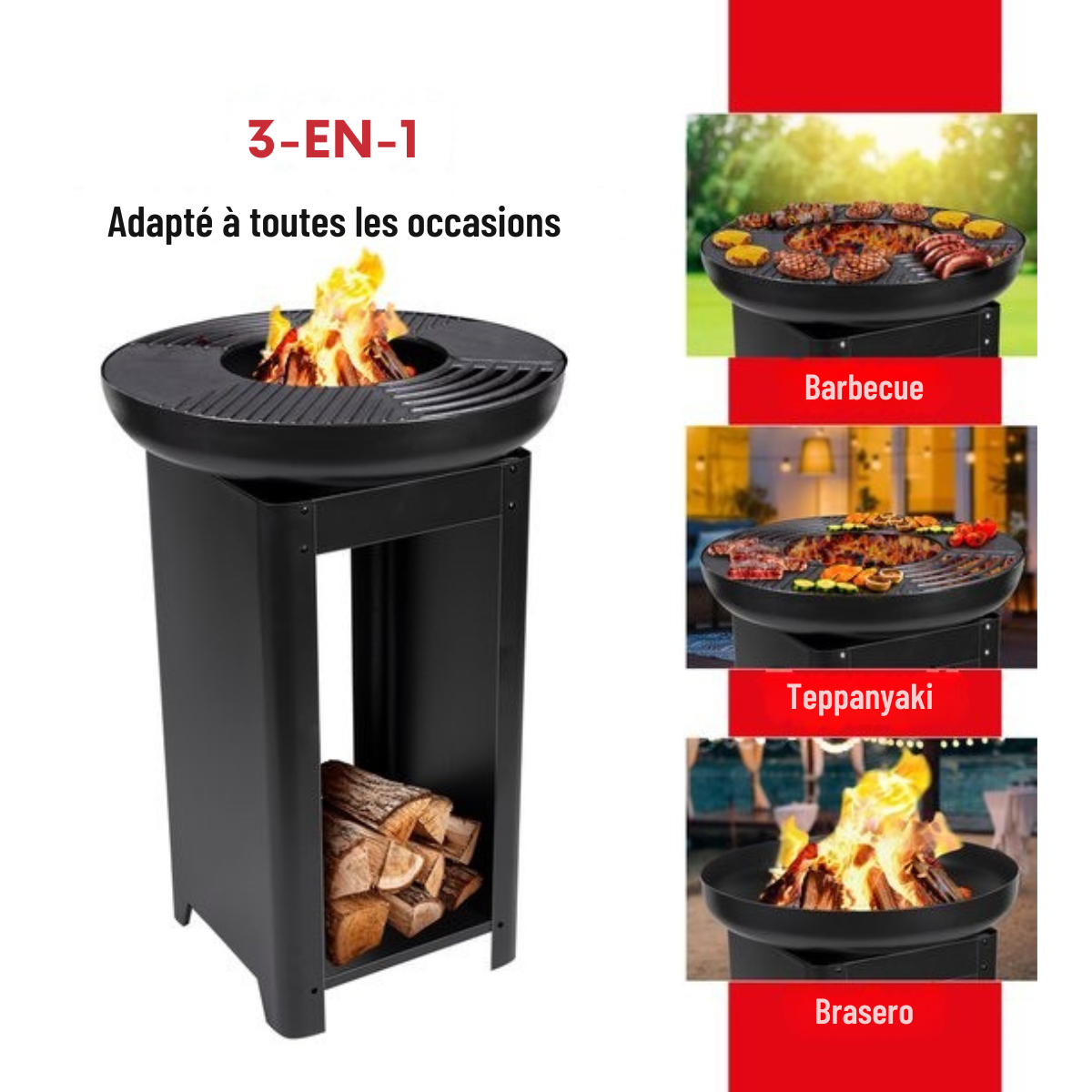 Barbecue 3 en 1 BBQ Collection – Brasero, Plaque Grill, Plaque Teppanyaki – Stockage Bois - 61 x 90 - Noir Acier inoxydable