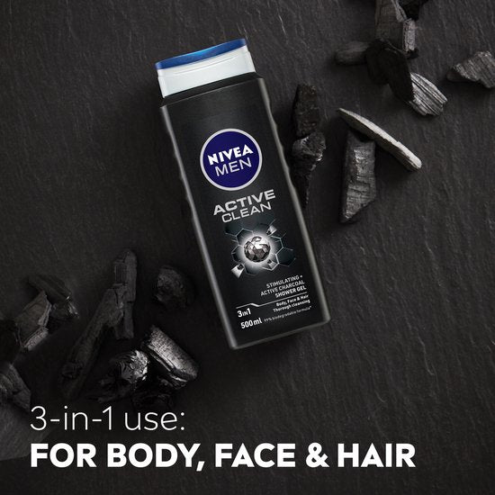 NIVEA MEN Active Clean Shower Gel - Gel douche 3-en-1 avec charbon naturellement actif - Shampooing - Prepack - 6 x 500 ml