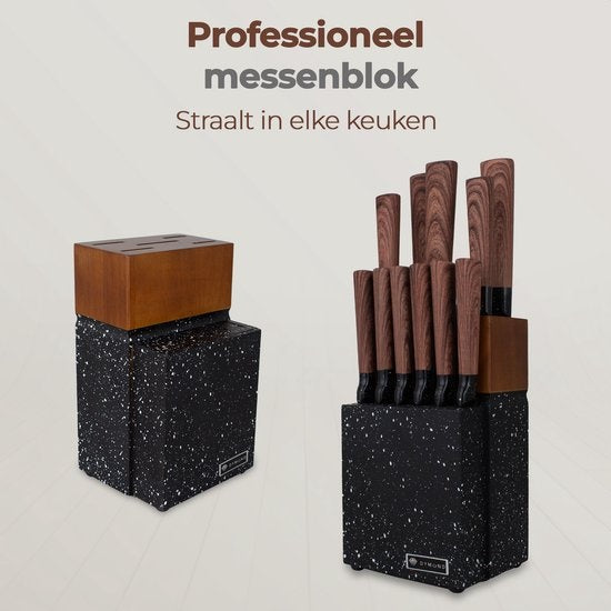 Set de couteaux avec bloc - Dymund® - Set de couteaux de chef avec bloc de couteaux - 13 pièces - acier inoxydable - Noir