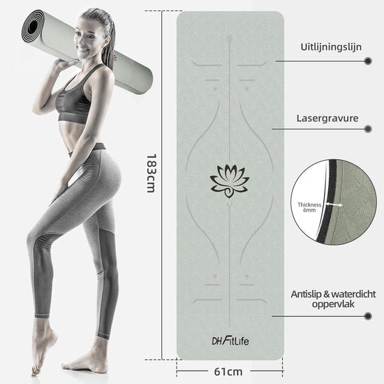 DH FitLife tapis de yoga en TPE, 183 x 61 x 0,6 cm, tapis de gymnastique, tapis d'entraînement des deux côtés antidérapant et respectueux de l'environnement, tapis de fitness avec lignes d'orientation (Gris)