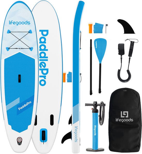 LifeGoods SUP Board All-round Compact - 100 KG Load Capacity - 300 x 76 cm - Inflatable - Complete SUP Package - White/Sky Blue