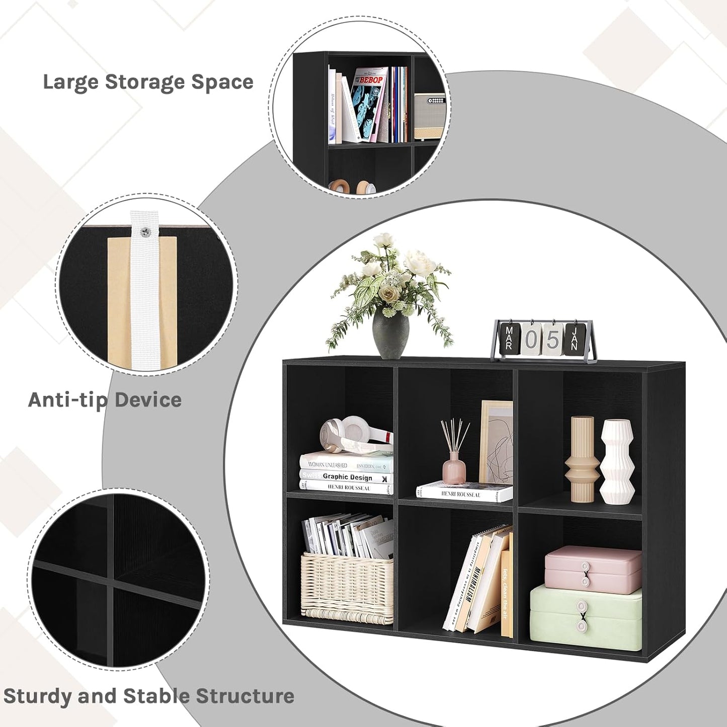 Bibliothèque Woltu à 6 compartiments - Meuble de rangement cubique - Noir - 59,6 x 29 x 89 cm