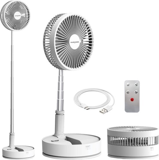 Vulpes Goods® Tech - Ventilateur sans fil sur trépied avec télécommande - 4en1 - Rechargeable et réglable - Silencieux - 12dB - Minuteur - Ventilateur de table, ventilateur sur trépied, ventilateur de sol, ventilateur USB - Version PRO