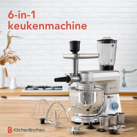 KitchenBrothers Robot de cuisine - Set complet - 15 accessoires - Robot de cuisine - 6L - 1500W - Silver