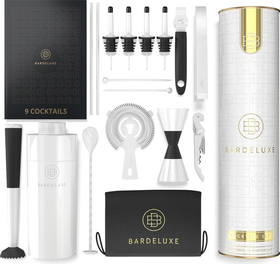 BarDeluxe® Cocktail Set - 12-Piece - Cocktail Shaker 750 ml - Stainless Steel - Includes Luxury Gift Box - Storage Bag & Recipe Book - White