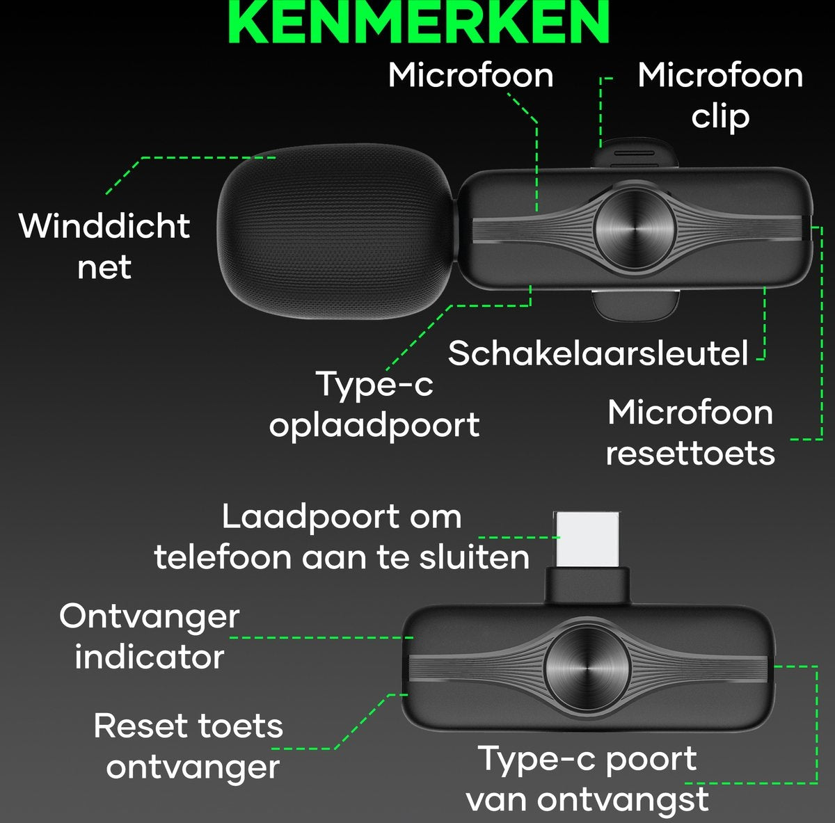 MATTI® 2-en-1 - Microphone sans fil - USB-C - Microphone - Microphone à épingle - Android et ordinateurs portables
