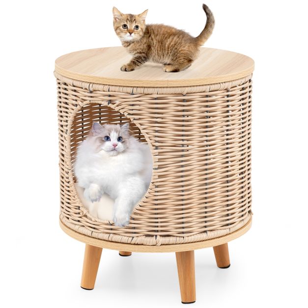 Maison pour chat Coast - Rotin - 36 x 41 cm - Coussin amovible - Pieds en bois - Lit pour chat - Meubles d'intérieur pour chat - Nature