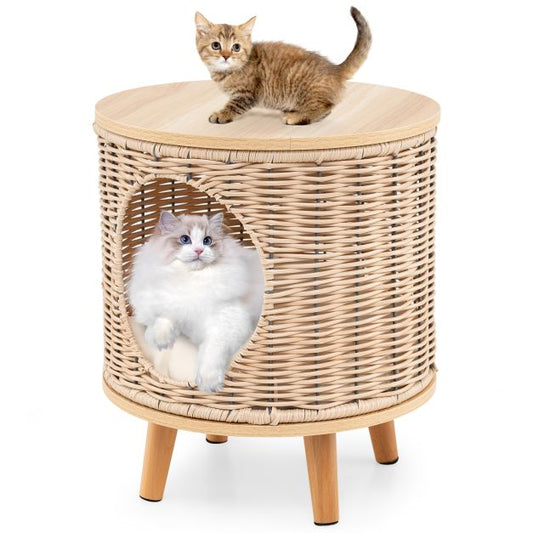 Maison pour chat Coast - Rotin - 36 x 41 cm - Coussin amovible - Pieds en bois - Lit pour chat - Meubles d'intérieur pour chat - Nature