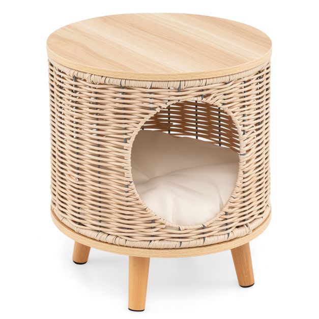 Maison pour chat Coast - Rotin - 36 x 41 cm - Coussin amovible - Pieds en bois - Lit pour chat - Meubles d'intérieur pour chat - Nature