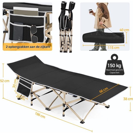 Lit de camp Yaheetech 186 x 66 cm - Lit de camping pliable - 150 kg - Sac de transport - Noir