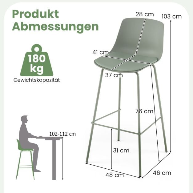 Coast Barstools Set of 4 - Leatherette with Back 48 x 46 x 103 cm - Green