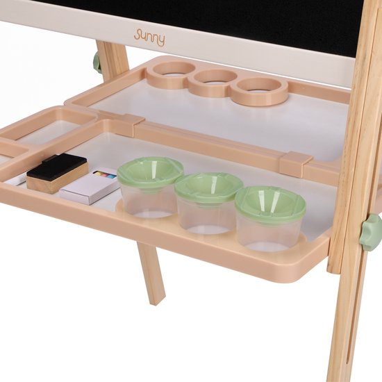 Sunny Luna Activités – Chevalet réglable en bois pour enfants – Chevalet de jeu avec tableau blanc et ardoise – Tableau magnétique – Rouleau de papier, gobelets et accessoires inclus – Jouet éducatif