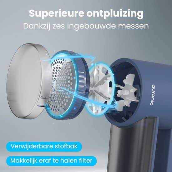 Auronic Electric Lint Remover Pro - Tondeuse à peluches - Autonomie 120 minutes - Rechargeable - Affichage LED - Défoliateur - Bleu