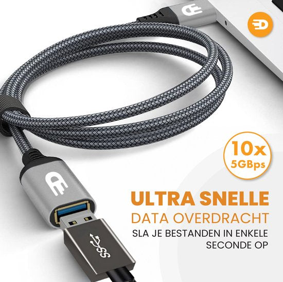 Drivv. Rallonge USB Premium 3.0 - Mâle vers femelle - Câble de données USB - Transfert rapide - 5 Gbps - Nylon - 3 mètres - Gris