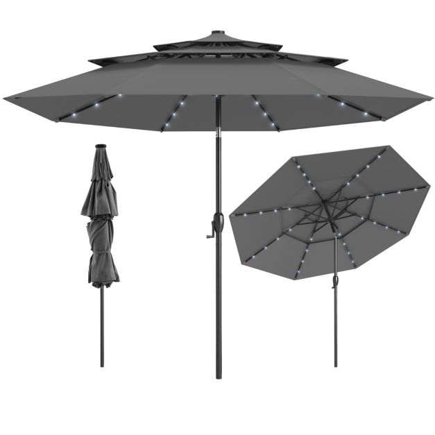 Parasol de terrasse Coast à 3 couches, Ø 313 cm - Éclairage LED solaire - Inclinable - Commande à manivelle - Gris