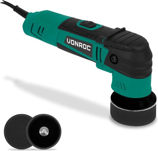 VONROC Polisseuse excentrique - machine à polir - 400W - Ø50 et Ø75MM - avec démarrage progressif et électronique à puissance constante - Inclus 2 disques de polissage et 2 disques d'appui