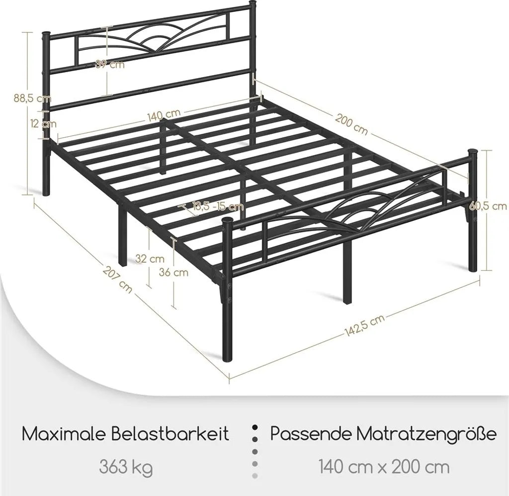Cadre de lit en métal Yaheetech - Motif nuages - Sommier à lattes - 140 x 200 cm - Espace de rangement de 32 cm - Noir