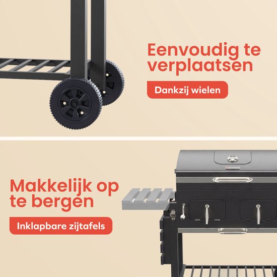 KitchenBrothers Barbecue au charbon de bois XL - Barbecue fumoir à deux zones - Avec grilles à charbon réglables et tables latérales rabattables - Sans PFAS - Surface de cuisson de 42,3 x 75,8 cm - Noir