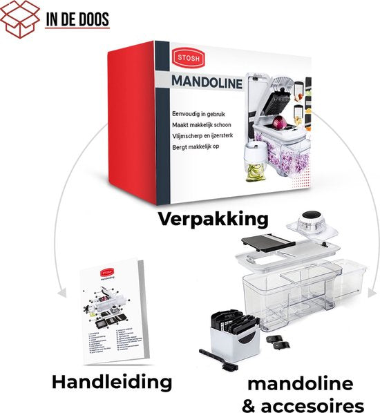 Mandoline Stosh - Trancheur de légumes - Trancheur d'oignons - Trancheur en spirale - Trancheur de chips - Râpe - 6 pièces - Sans BPA