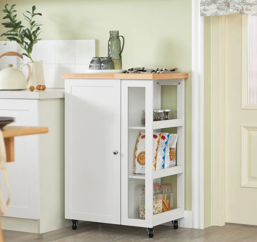 SoBuy - Chariot de cuisine - 1 porte et 3 étagères - 60 x 90 x 40 cm - Blanc