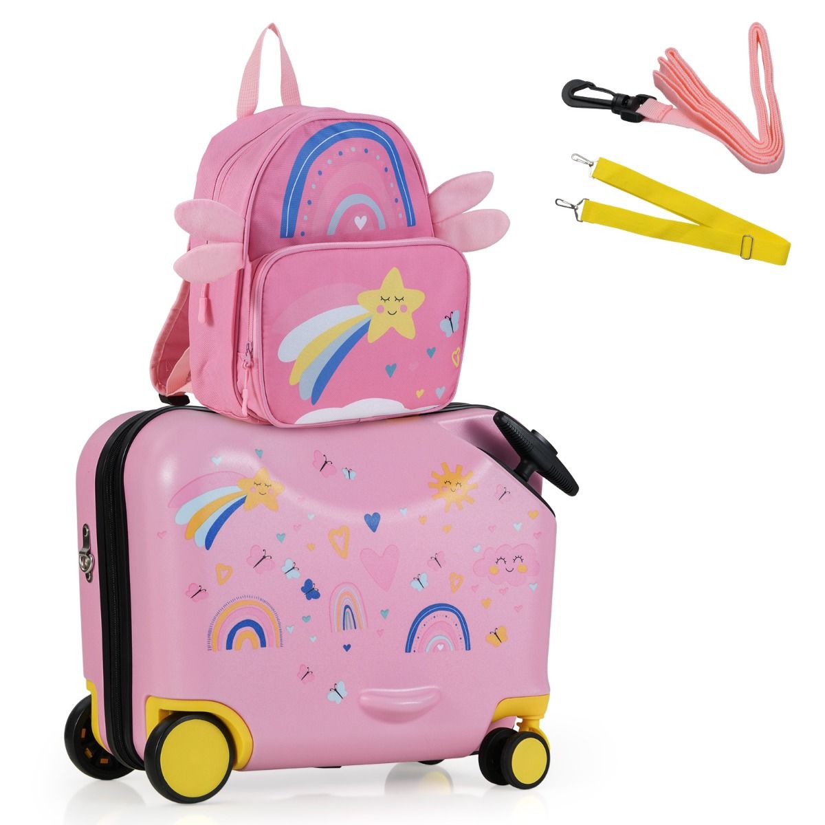 Ensemble valise et sac à dos pour enfant Coast - valise-siège avec motif d'abeilles - poignée réglable - rose