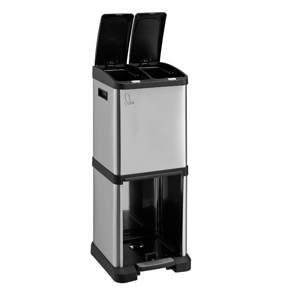 SVITA Poubelle à pédale en acier inoxydable avec séparation des déchets - 32 Litres (2x8L + 16L) - Argent - 77x33x33 cm