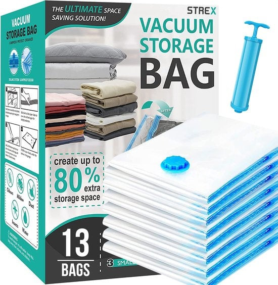 Strex Vacuum Bags Duvets & Clothes - 14 Pieces / 4 Sizes - Travel Bags / Vacuum Bags - Incl. Hand Pump
