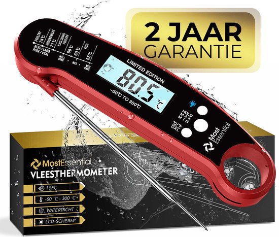 MostEssential Premium Thermomètre à viande - Thermomètre BBQ - Thermomètre à cœur - Thermomètre à sucre - Thermomètre de cuisine - Numérique - Sans fil - Etanche - Rouge