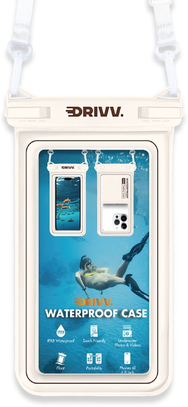 Drivv. Étui de protection étanche de luxe pour téléphone – Flottant – Double fermeture à clip – Téléphones jusqu'à 6,8 pouces – Étui de protection sous-marin pour téléphone – Beige
