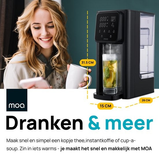 Distributeur d'eau chaude - MOA - Bouilloire - Réglage de la température - Affichage numérique - Réservoir d'eau amovible - 3 litres - Noir
