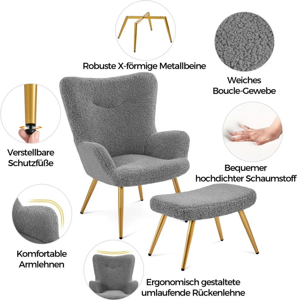 Yaheetech Wingback Chair - Tabouret - 70 x 67,5 x 97,5 cm - Gris