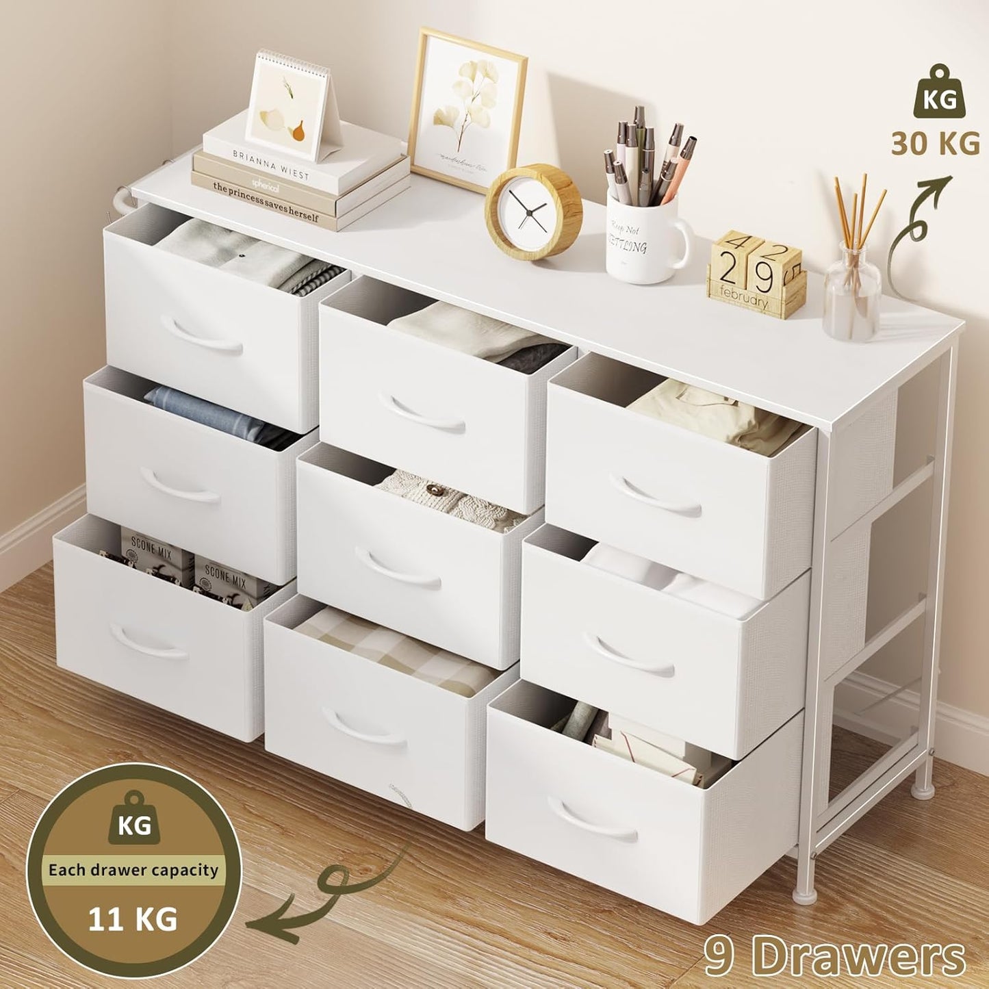 Leader Accessories Commode à 9 tiroirs en tissu pour l'entrée et le salon - 100 x 30 x 65 cm - Blanc