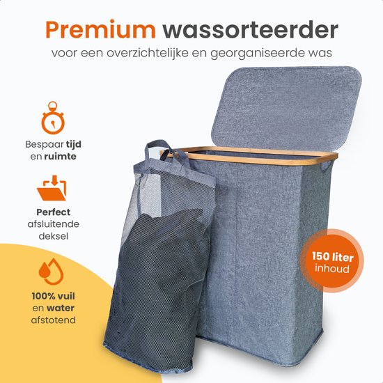 Goliving Trieur de linge 3 boîtes - 150L - Panier à linge pliable avec couvercle - 3 sacs amovibles avec étiquettes de couleur - 57 x 37 x 66 cm - Gris