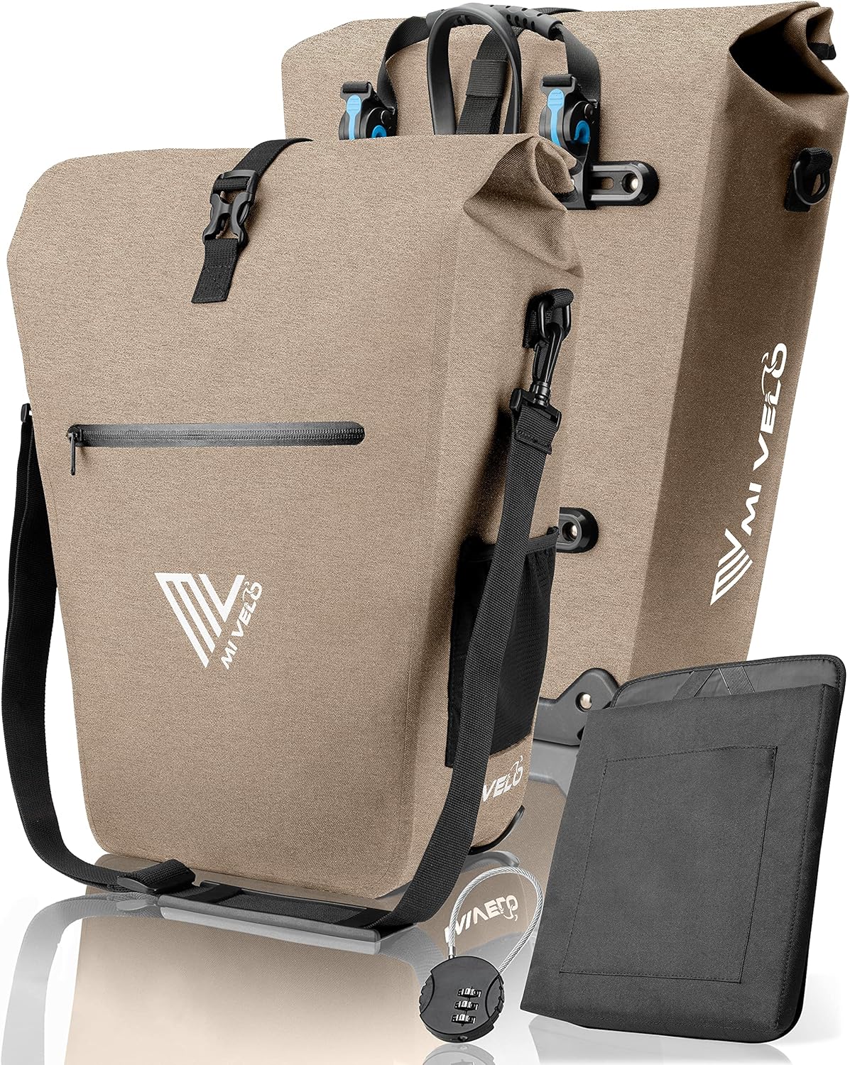 Sac de vélo MIVELO pour porte-bagages - 100 % imperméable, sans PVC, compartiment pour ordinateur portable, beige sable