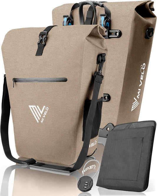 Sac de vélo MIVELO pour porte-bagages - 100 % imperméable, sans PVC, compartiment pour ordinateur portable, beige sable