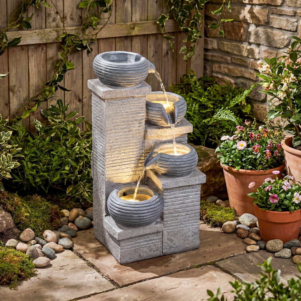 Fontaine de jardin Coast avec éclairage LED - Cascade à quatre niveaux - Résine synthétique et fibre de verre - Gris 28 x 22 x 58 cm