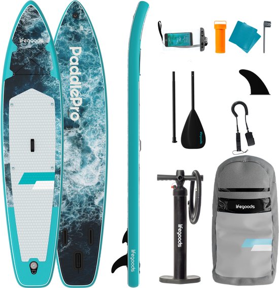 LifeGoods SUP Board Touring - Capacité de charge 165 KG - 365 x 76 cm - Gonflable - Pack Sup complet - Bleu foncé