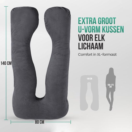 Coussin de grossesse Avalo XXL 280 cm - Coussin d'allaitement et de sommeil sur le côté en forme de U - Body Pillow - Coussin pour le corps - Gris foncé
