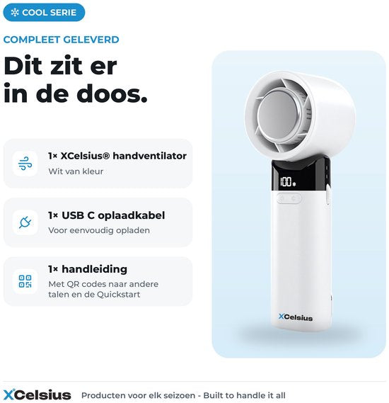 Ventilateur portable XCelsius® - Mini-ventilateur pliable - Rechargeable via USB-C - Réglage continu de 0 % à 100 % - Avec plaque de refroidissement instantanée - Blanc